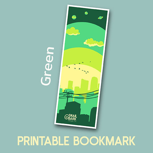 Free printable bookmark download - green city skyline