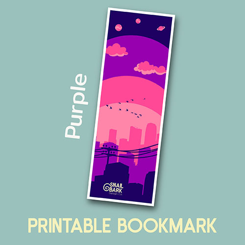 Free printable bookmark download - purple city skyline